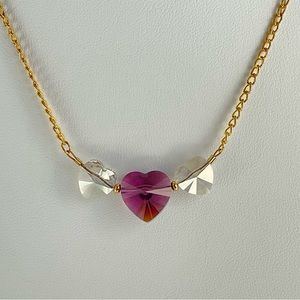 Swarovski Crystal Heart Necklace, Handmade, Amethyst & Clear Crystal, 17.5" Long